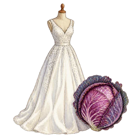 A wedding dress beside a red cabbage