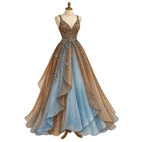 A brown and blue wedding dress on a mannequin