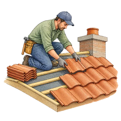 A roofer laying tiles on a small roof