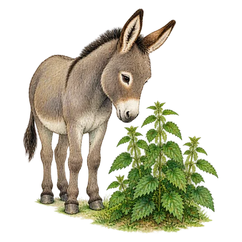 A donkey looking at a patch of nettles