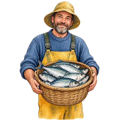 A fisherman holding a basket of fresh fish