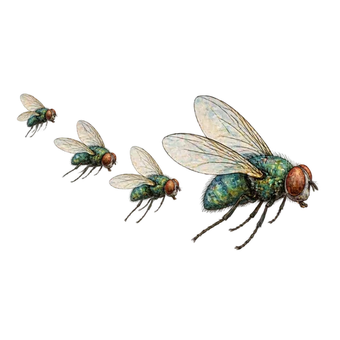 Several flies following one another through the air