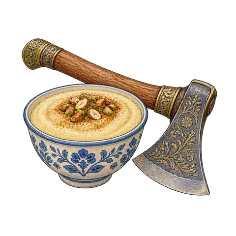 A bowl of semolina pudding beside a decorative old axe