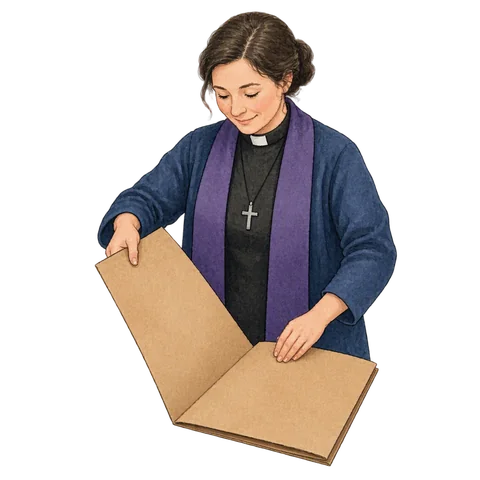 A chaplain folding a blank cardboard poster
