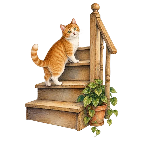 A cat on a slightly crooked wooden staircase
