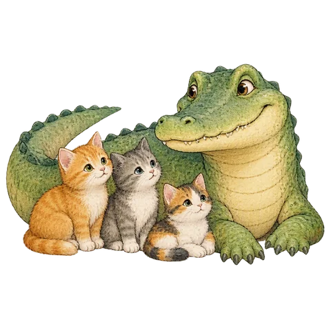 Small cats sitting calmly beside a friendly crocodile