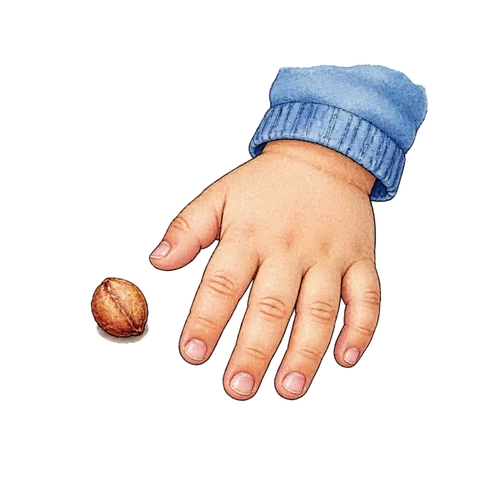 A cherry stone beside a child’s small hand