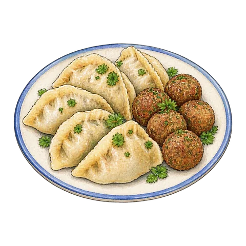 A plate of dumplings and small meatballs