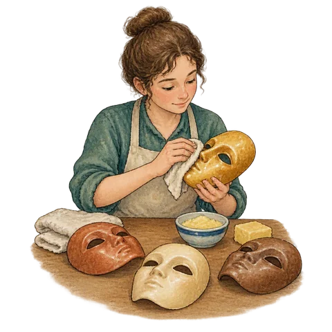 A person polishing several wax masks