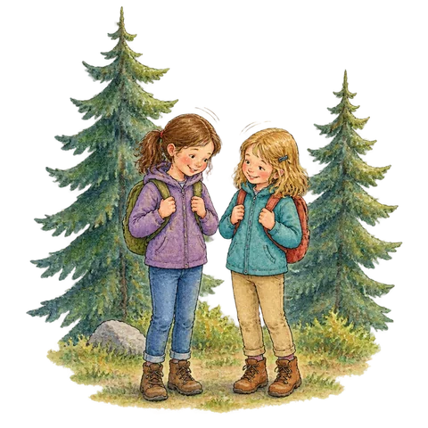 Two nieces nodding beside swaying spruce trees
