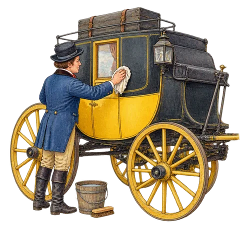 A mail-coach driver cleaning a carriage box