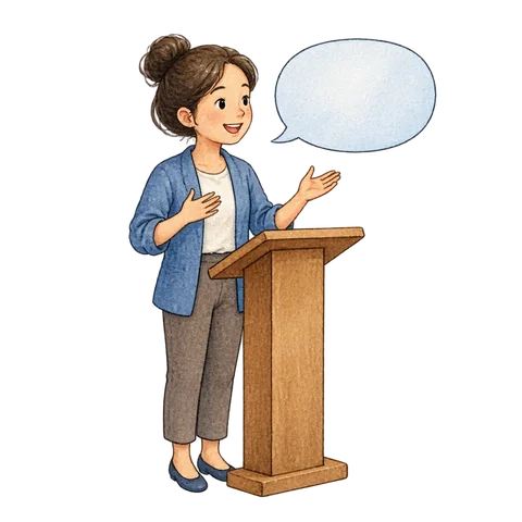 A speaker practicing beside an empty speech bubble