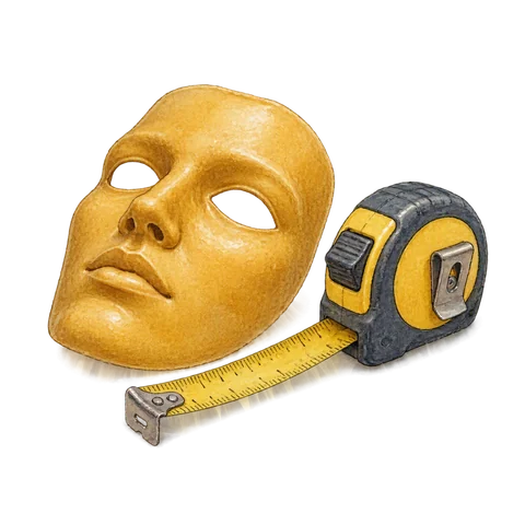 A wax mask beside a measuring tool