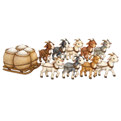 Ten small goats pulling bags of sugar