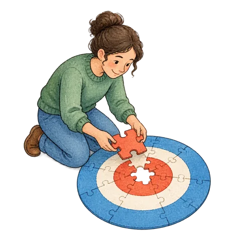 A person fitting a puzzle piece into a simple target shape