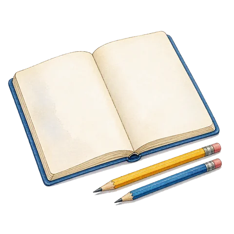 An open notebook and two pencils