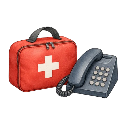A plain first aid bag beside a telephone
