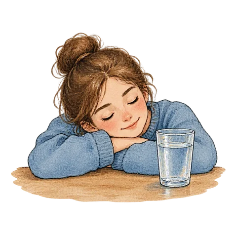 A person resting beside a cup of water