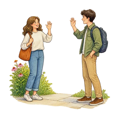Two people greeting one another with a gentle wave