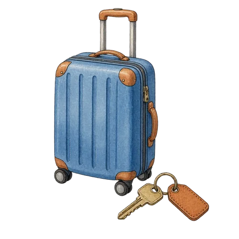 A room key beside a suitcase