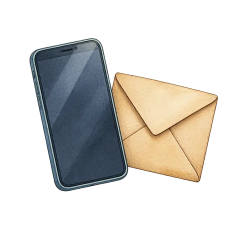 A simple phone with an empty screen beside an envelope