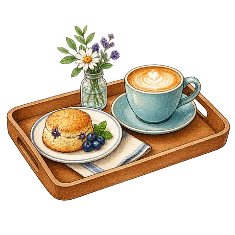 A café tray with a cup and a small plate