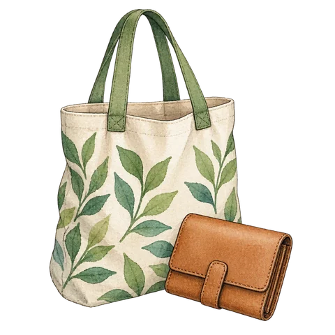 A reusable shopping bag beside a wallet
