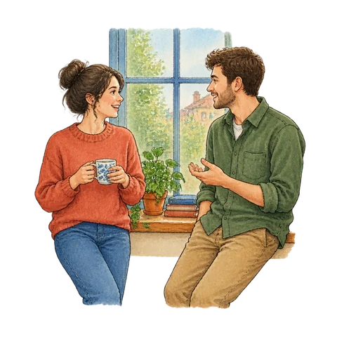 Two people chatting beside a window