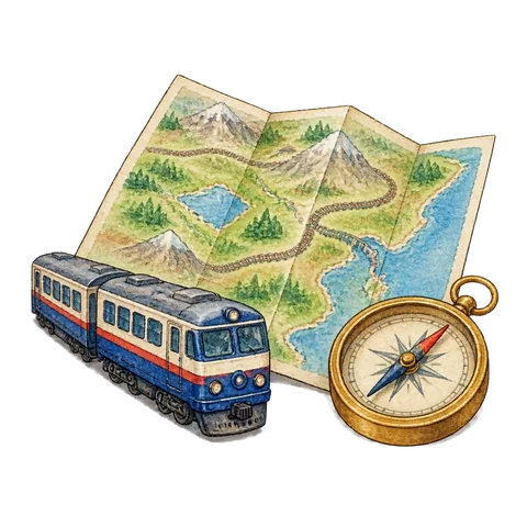 A folded map with a train and a compass