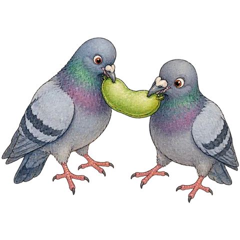 Two pigeons and a single broad bean.