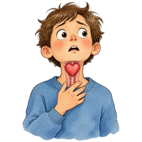 A heart pictured at a person’s throat.