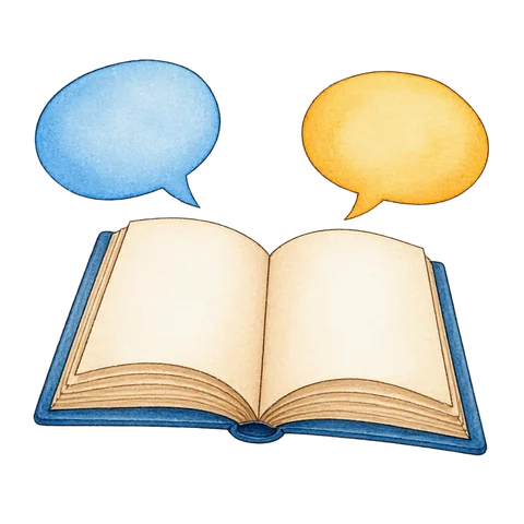 Two speech bubbles beside an open book with no writing