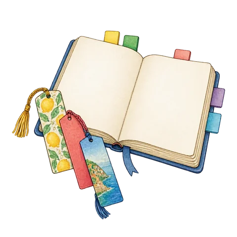 An open blank notebook with a small selection of colorful bookmarks, representing useful Italian expressions