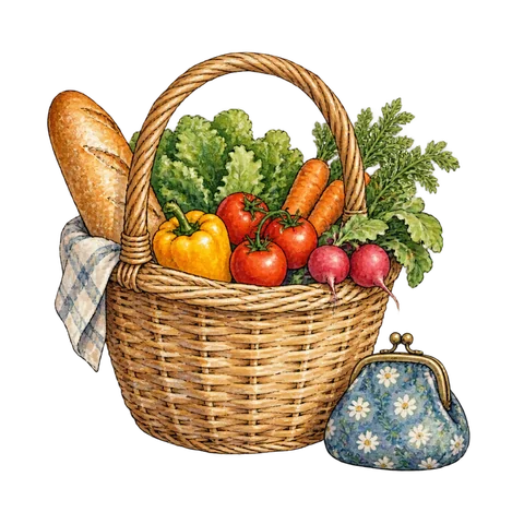 A market basket beside a small coin purse
