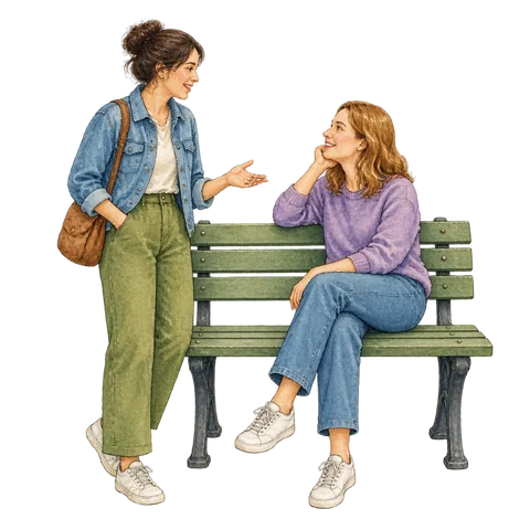 Two friends chatting beside a park bench