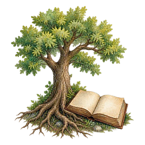 A tree with deep roots beside an old open book
