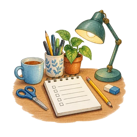 A desk with tools, a checklist and a small lamp
