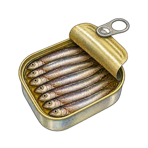Seven small anchovies in open tins