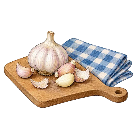 Garlic on a cutting board beside an intact tablecloth
