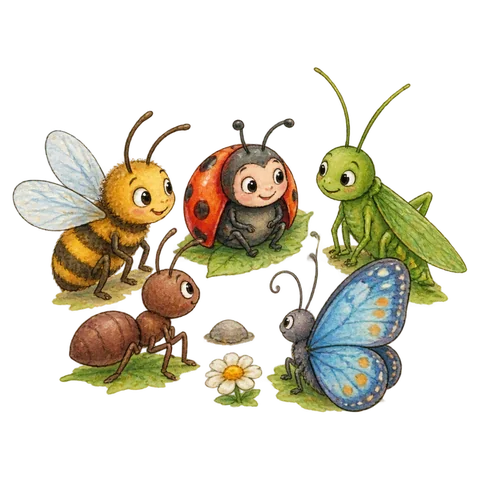 Tiny stylized bugs gathered in a friendly circle