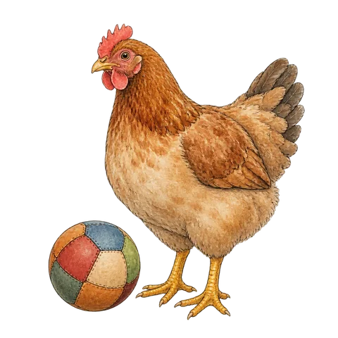 A small patchwork leather ball beside a chicken