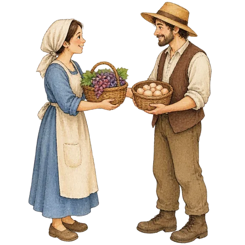 Two people exchanging grapes and eggs