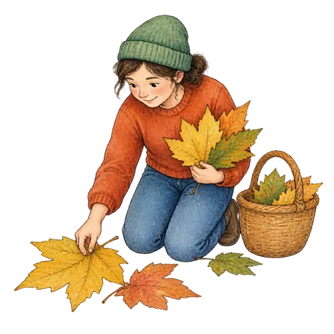 A person on hands and knees gathering large leaves