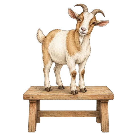 A goat standing on a wooden bench