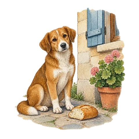 A dog beside a building with a piece of bread
