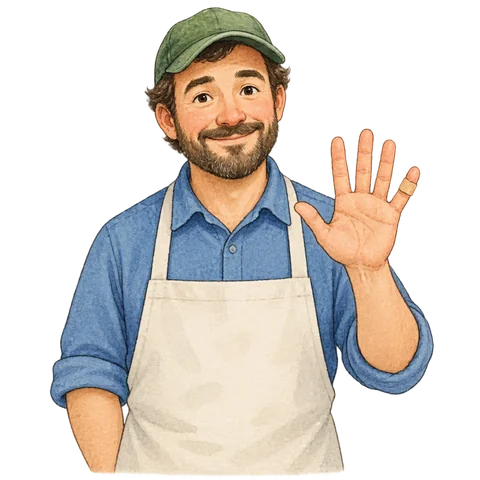 A grocer showing a small bandage on his little finger