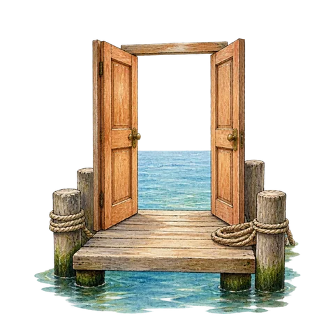 Open wooden doors stacked on a small quay