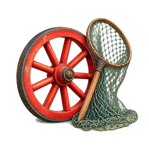A red wheel beside a net