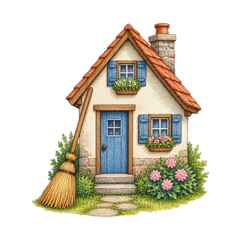 A broom beside a tidy small house