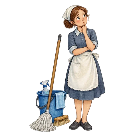 A housekeeper beside cleaning tools looking puzzled